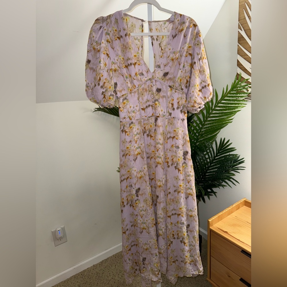ALLSAINTS Aspen Momo Dress Womens  Lavender Floral Midi V-Neck Open Back‎ 4 - Picture 4 of 6